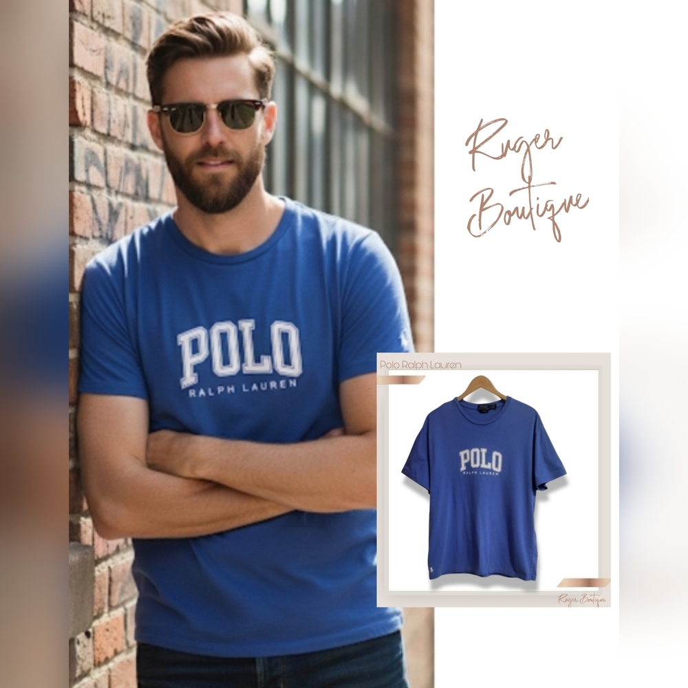 🌿Polo Ralph Lauren Men’s Large Classic Fit Sky Blue Graphic T-Shirt Block Logo